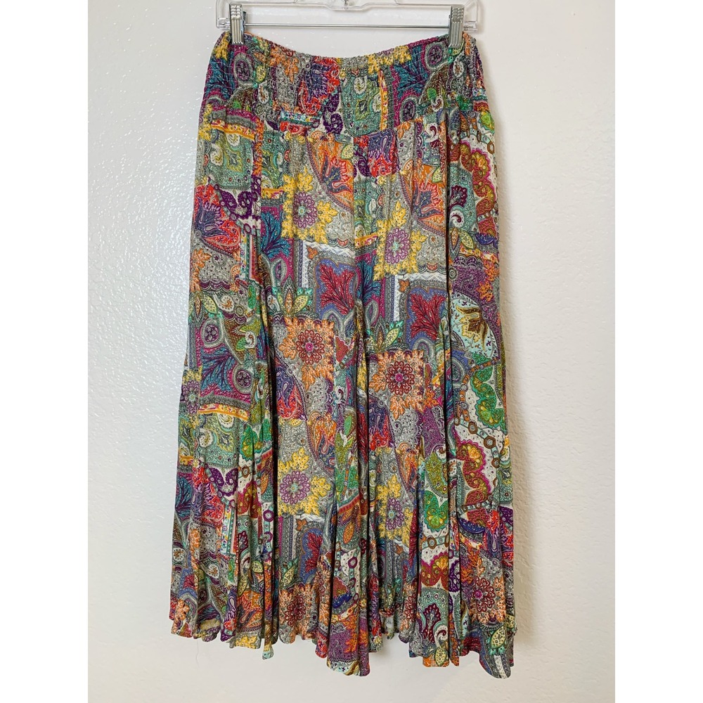 Caleaaa Maxi Skirt Womens XL Multicolor Paisley Boho Smocked Waist Rayon Lined